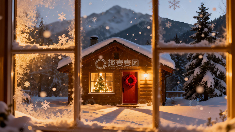高清大图下载【趣麦麦图】雪景木屋圣诞夜