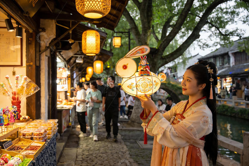 高清大图下载【趣麦麦图】古街女子手持兔形灯笼