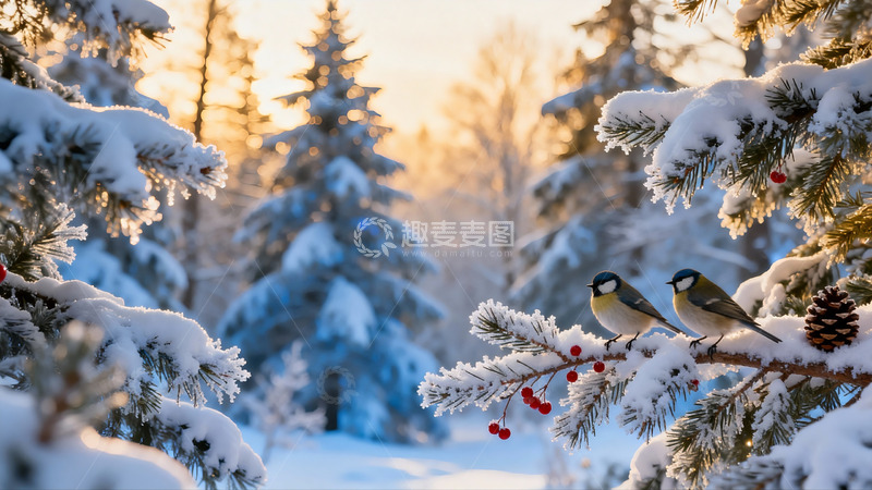高清大图下载【趣麦麦图】雪松枝头小鸟栖息冬日美景