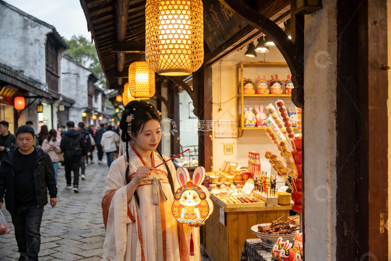 高清大图下载【趣麦麦图】古街女子手持兔灯漫步