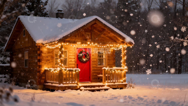 高清大图下载【趣麦麦图】雪夜木屋灯火温馨