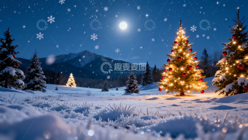 高清大图下载【趣麦麦图】雪夜圣诞树星空美景