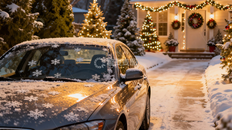 高清大图下载【趣麦麦图】雪夜圣诞车与装饰房屋