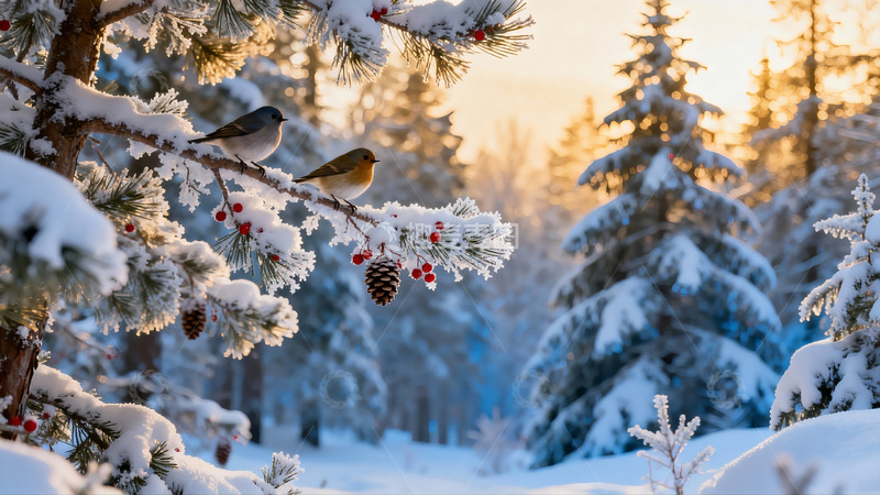 高清大图下载【趣麦麦图】雪松枝头小鸟栖息冬日美景
