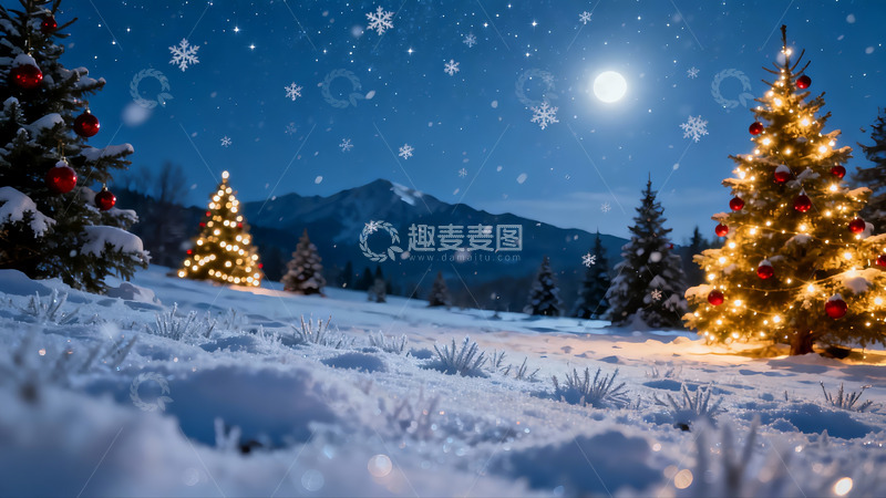 高清大图下载【趣麦麦图】雪夜圣诞树星空美景