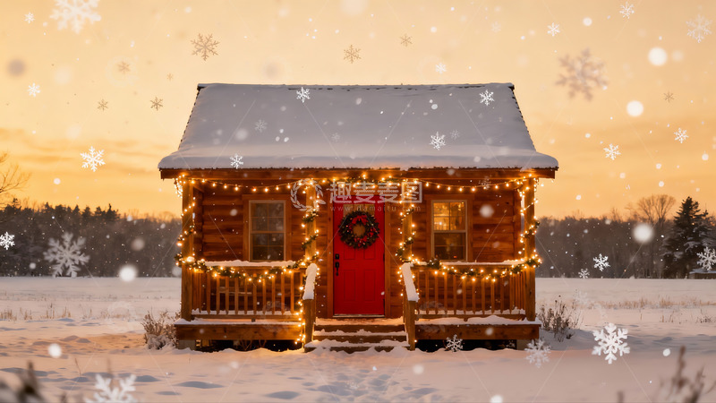 高清大图下载【趣麦麦图】雪夜木屋灯火温馨