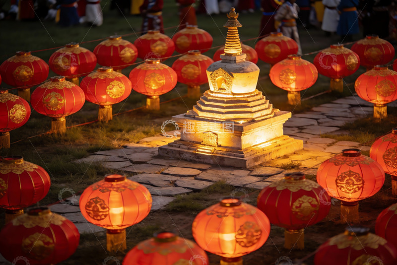 高清大图下载【趣麦麦图】夜色中灯笼环绕的佛塔