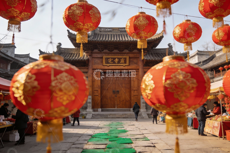 高清大图下载【趣麦麦图】红灯笼下的古寺街景