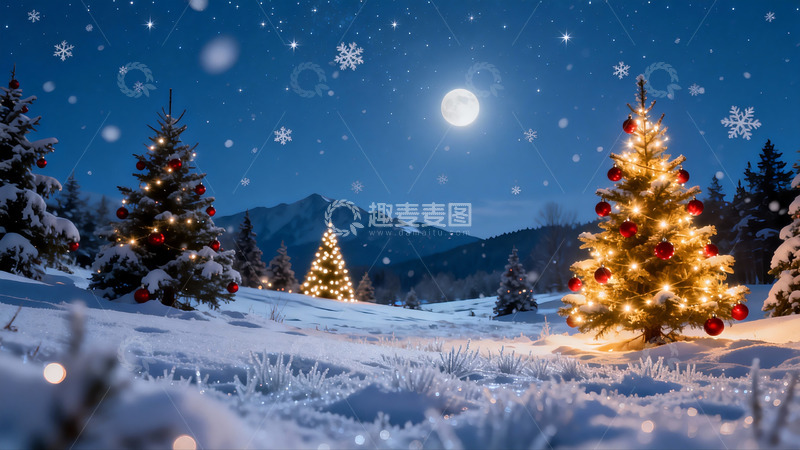 高清大图下载【趣麦麦图】雪夜圣诞树星空美景