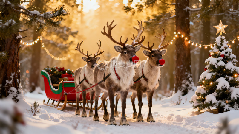 高清大图下载【趣麦麦图】雪地圣诞驯鹿拉雪橇