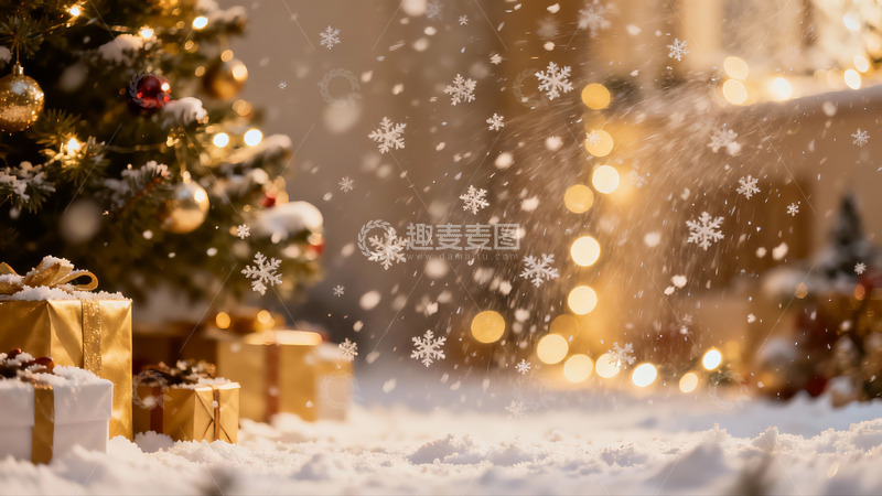 高清大图下载【趣麦麦图】雪夜圣诞树下礼物堆