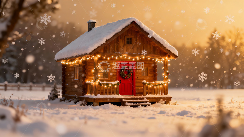高清大图下载【趣麦麦图】雪夜木屋灯火温馨