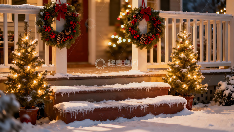 高清大图下载【趣麦麦图】雪夜圣诞装饰庭院