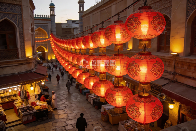 高清大图下载【趣麦麦图】夜市灯笼高挂古建筑街景