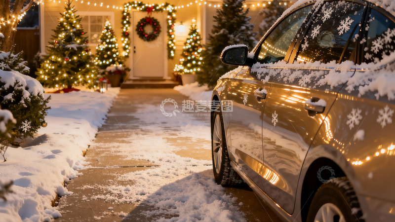 高清大图下载【趣麦麦图】雪夜圣诞车与装饰房屋