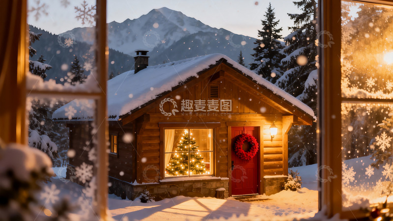 高清大图下载【趣麦麦图】雪夜木屋圣诞温馨场景