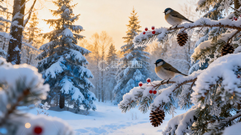 高清大图下载【趣麦麦图】雪林飞鸟栖息冬日美景