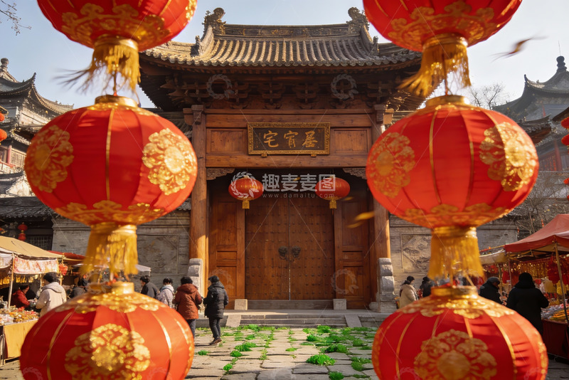 高清大图下载【趣麦麦图】古建筑前挂红灯笼迎新春
