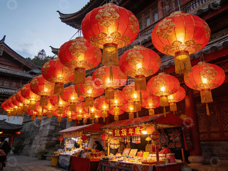 高清大图下载【趣麦麦图】古建筑前挂满红灯笼的夜市
