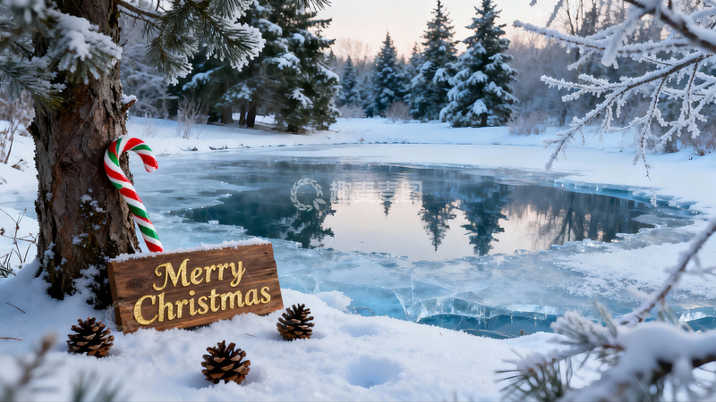 高清大图下载【趣麦麦图】雪地冰湖圣诞装饰静景