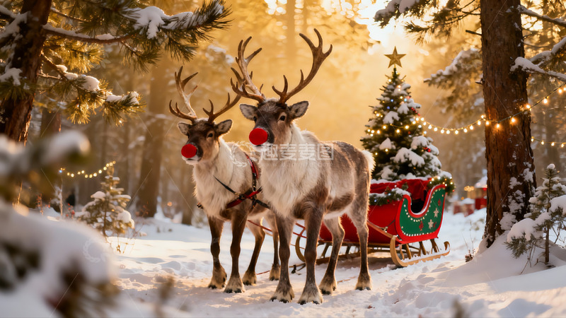高清大图下载【趣麦麦图】雪地圣诞驯鹿与雪橇