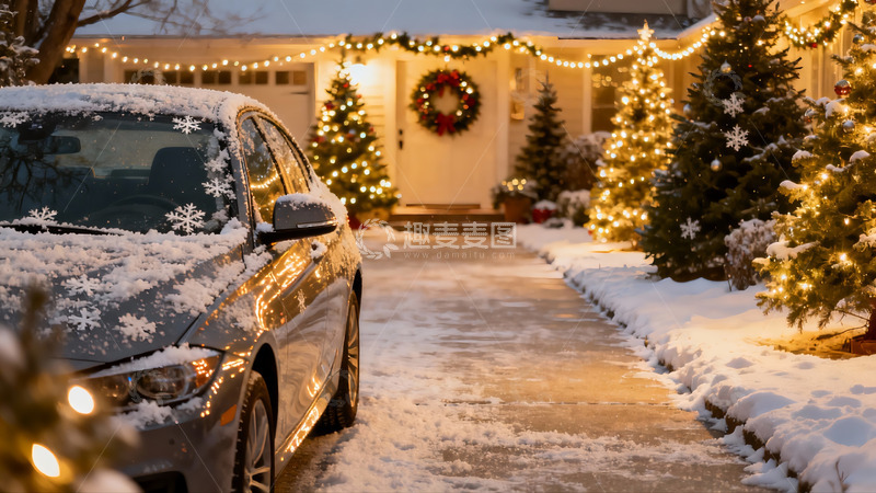 高清大图下载【趣麦麦图】雪夜圣诞车与装饰房屋
