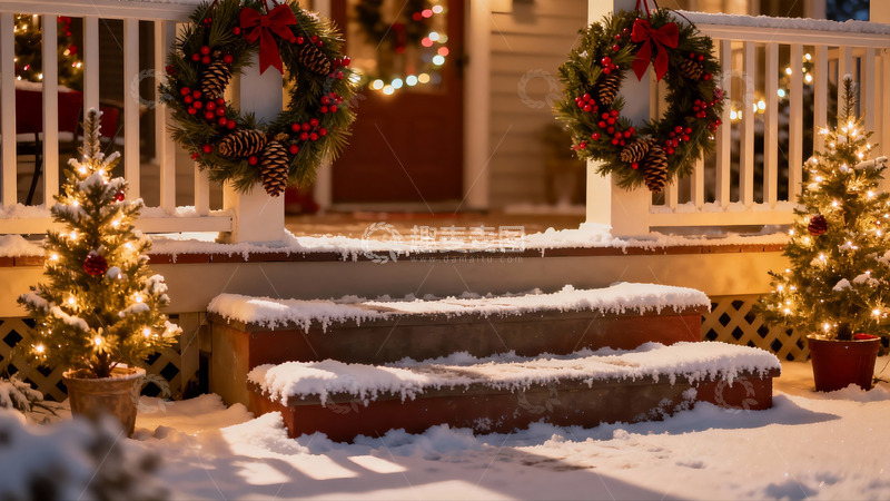高清大图下载【趣麦麦图】雪夜门廊圣诞装饰