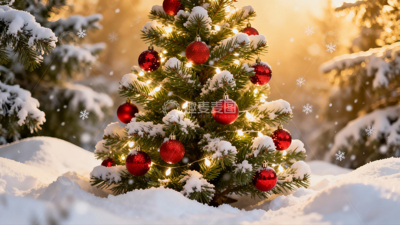 高清大图下载【趣麦麦图】雪中圣诞树灯光闪烁