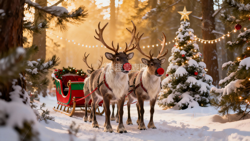 高清大图下载【趣麦麦图】雪地圣诞驯鹿拉雪橇