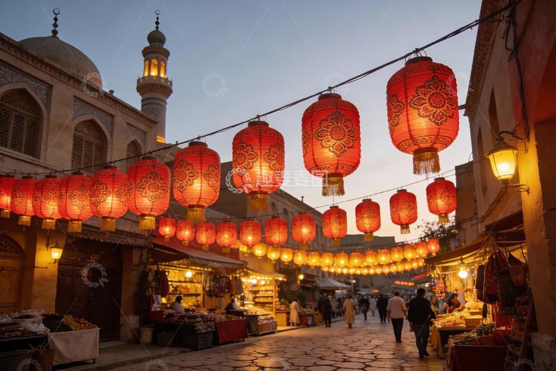 高清大图下载【趣麦麦图】夜市灯笼高挂古建筑街景