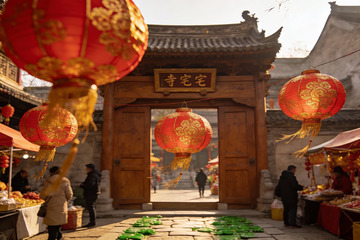 古寺门前挂红灯笼集市热闹