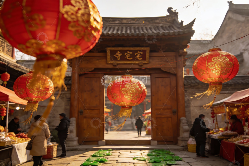 高清大图下载【趣麦麦图】古寺门前挂红灯笼集市热闹