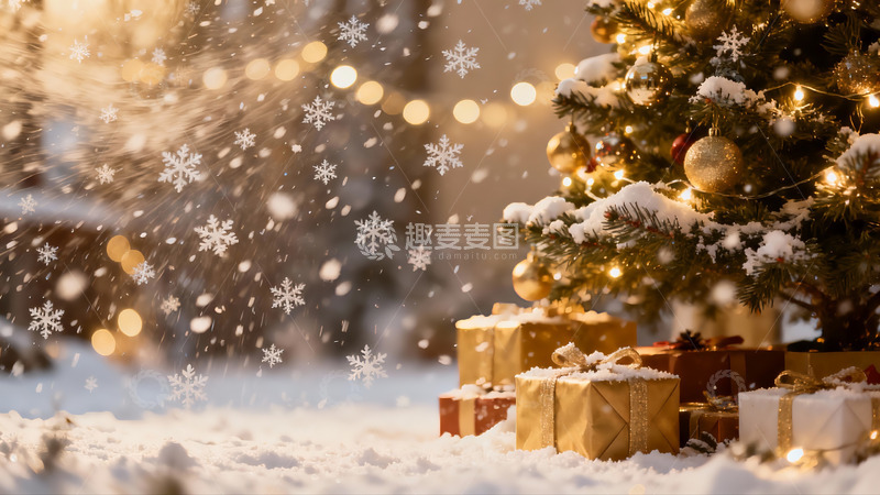 高清大图下载【趣麦麦图】雪夜圣诞树与礼物盒