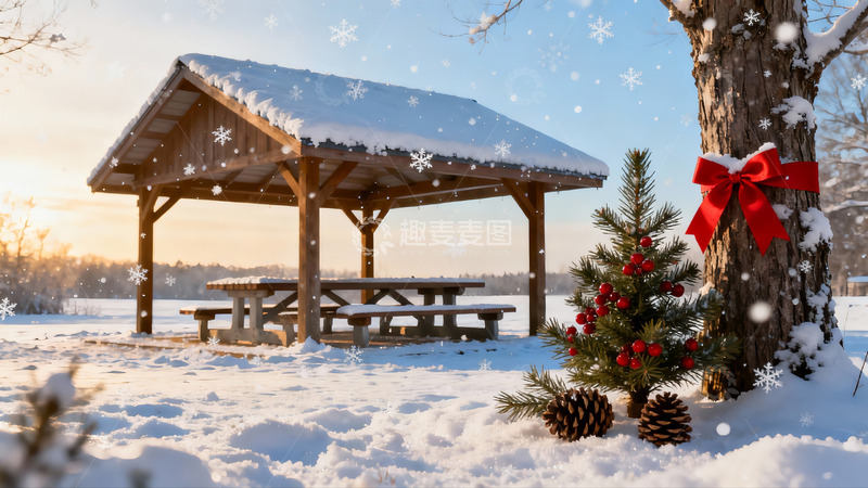高清大图下载【趣麦麦图】雪地木亭圣诞装饰
