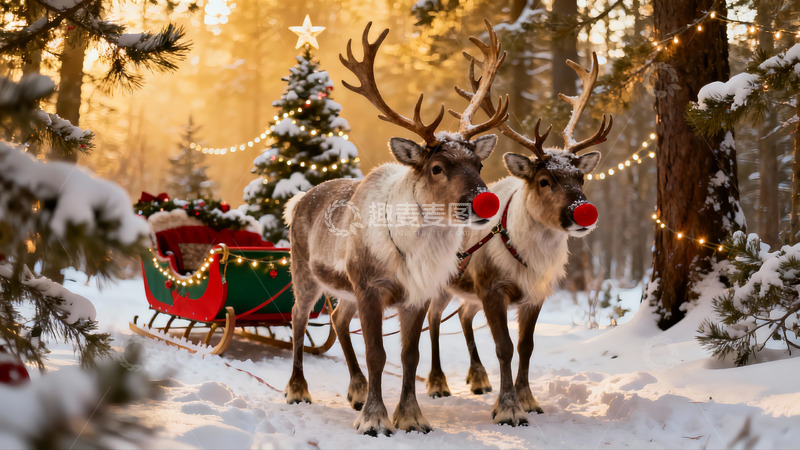 高清大图下载【趣麦麦图】雪地圣诞驯鹿拉雪橇
