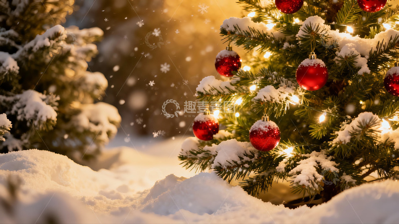 高清大图下载【趣麦麦图】雪中圣诞树灯光闪烁