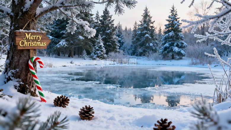雪景圣诞树下冰湖
