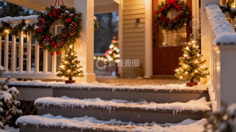 高清大图下载【趣麦麦图】雪夜圣诞门廊温馨场景