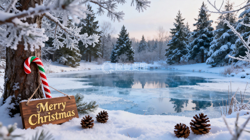高清大图下载【趣麦麦图】雪景圣诞树下冰湖