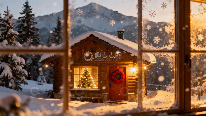 高清大图下载【趣麦麦图】雪夜木屋窗外圣诞景象