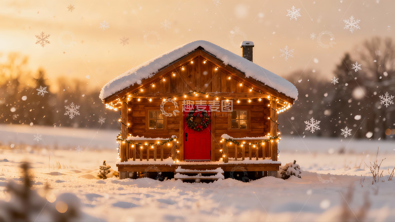 高清大图下载【趣麦麦图】雪夜木屋灯火温馨