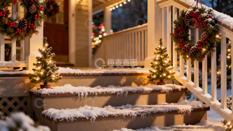 高清大图下载【趣麦麦图】雪夜圣诞门廊温馨场景