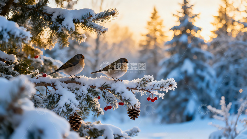 高清大图下载【趣麦麦图】雪中枝头栖息的两只小鸟