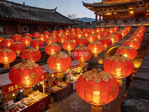 古建筑夜市红灯笼高挂