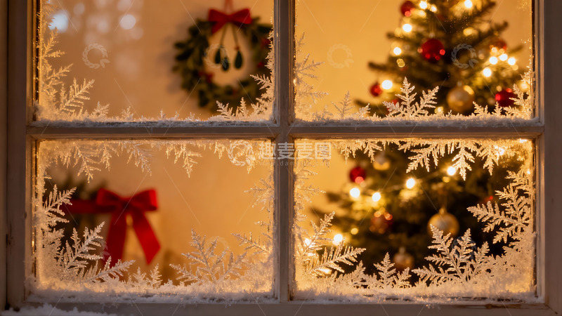 高清大图下载【趣麦麦图】窗前圣诞树与冰花装饰