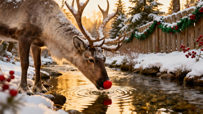 高清大图下载【趣麦麦图】雪地驯鹿饮水红球点缀