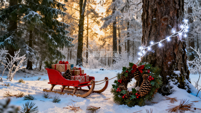 高清大图下载【趣麦麦图】雪林圣诞雪橇与花环