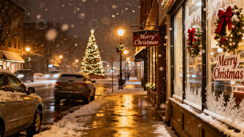 高清大图下载【趣麦麦图】雪夜圣诞街景 车辆行人店铺
