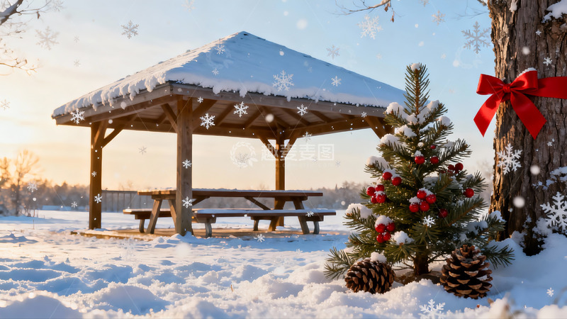 高清大图下载【趣麦麦图】雪景亭子圣诞树