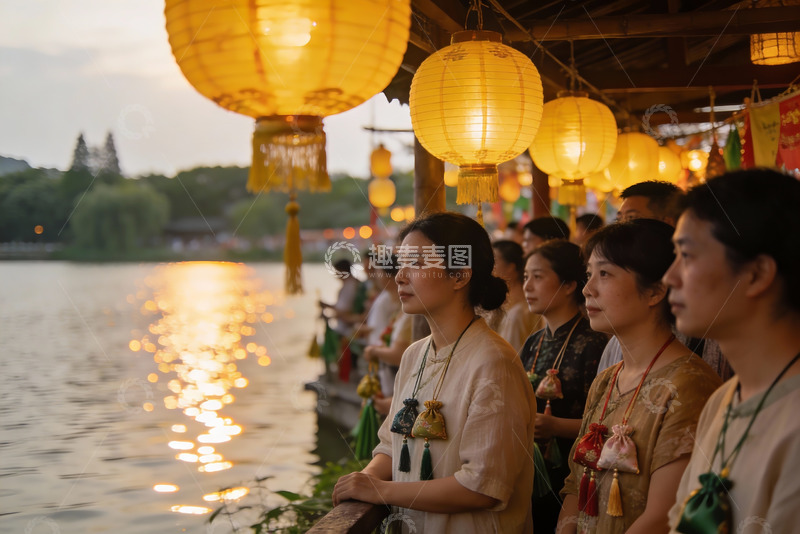 高清大图下载【趣麦麦图】湖畔灯笼下人群观赏日落
